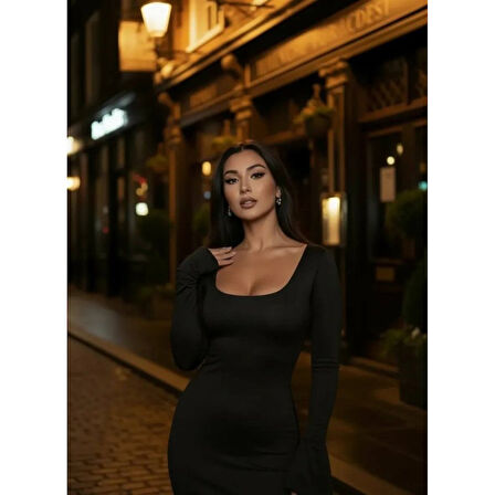 Lucky Life Kadın Uzun Kollu Kare Yaka Volanlı Manşet Detay Maxi Boy Elbise