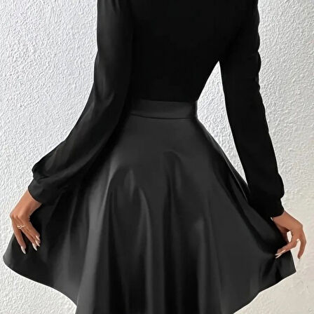 Lucky Life Kadın Uzun Kollu Kare Yaka üst Viskon Alt Deri Mini Elbise