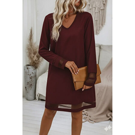 Lucky Life Kadın Uzun Kollu V Yakalı Tül şerit Detaylı Mini Krep Elbise