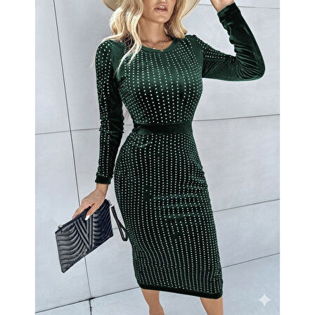 Lucky Life Kadın Uzun Kollu Bisiklet Yaka Taşlı Midi Kadife Elbise