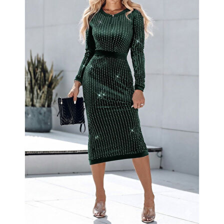 Lucky Life Kadın Uzun Kollu Bisiklet Yaka Taşlı Midi Kadife Elbise