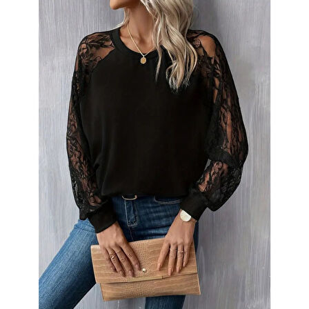 Lucky Life Kadın Uzun Dantel Kollu Bisiklet Yaka Viskon Bluz