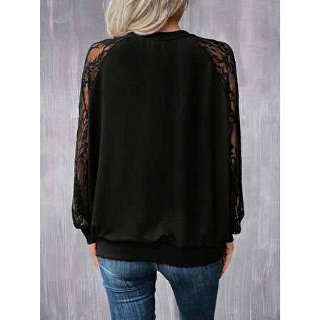 Lucky Life Kadın Uzun Dantel Kollu Bisiklet Yaka Viskon Bluz