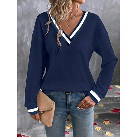 Lucky Life Kadın Uzun Kollu V Yakalı Waffle Bluz