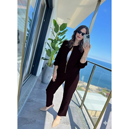 Lucky Life Kadın Uzun Kollu önden Fermuarlı Modal Ceket Ve Pantolon Ikili Takım