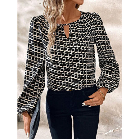 Lucky Life Kadın Uzun Kollu Damla Detaylı Yaka Desenli Süprem Bluz