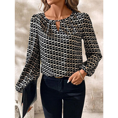 Lucky Life Kadın Uzun Kollu Damla Detaylı Yaka Desenli Süprem Bluz