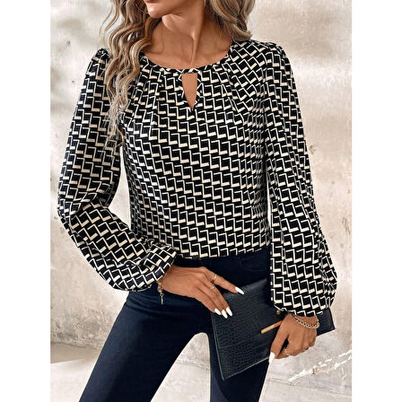 Lucky Life Kadın Uzun Kollu Damla Detaylı Yaka Desenli Süprem Bluz