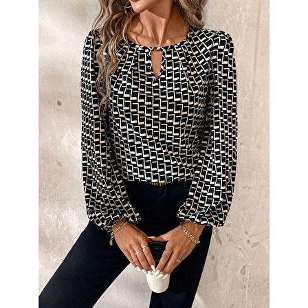 Lucky Life Kadın Uzun Kollu Damla Detaylı Yaka Desenli Süprem Bluz