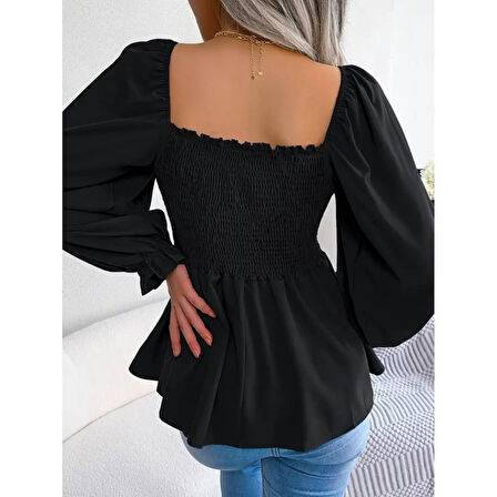 Lucky Life Kadın Uzun Kollu Geometrik Yakalı Gipe Detaylı Krep Bluz