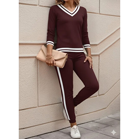 Lucky Life Kadın Uzun Kollu V Yakalı Ribanalı Viskon Iki Iplik Bluz Ve Pantolon Ikili Takım