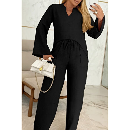 Lucky Life Kadın Uzun Kollu V Yakalı Keten Bluz Bağcıklı Pantolon Ikili Takım