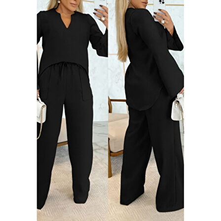 Lucky Life Kadın Uzun Kollu V Yakalı Keten Bluz Bağcıklı Pantolon Ikili Takım