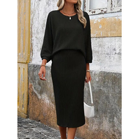 Lucky Life Kadın Uzun Kollu Yuvarlak Yakalı şardonlu Kaşkorse Bluz Ve Etek Ikili Takım