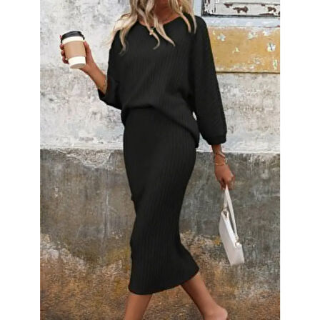 Lucky Life Kadın Uzun Kollu Yuvarlak Yakalı şardonlu Kaşkorse Bluz Ve Etek Ikili Takım