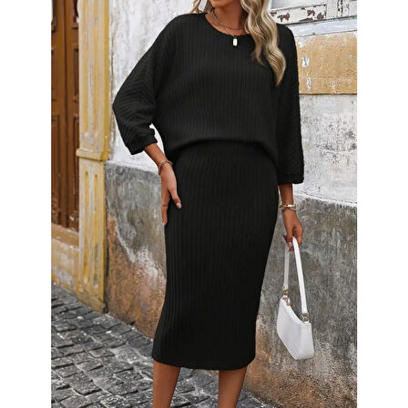 Lucky Life Kadın Uzun Kollu Yuvarlak Yakalı şardonlu Kaşkorse Bluz Ve Etek Ikili Takım