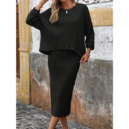 Lucky Life Kadın Uzun Kollu Yuvarlak Yakalı şardonlu Kaşkorse Bluz Ve Etek Ikili Takım