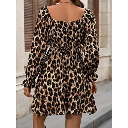 Lucky Life Kadın Uzun Kollu Kare Yakalı Leopar Modal Mini Elbise