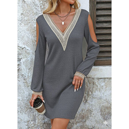 Lucky Life Kadın Uzun Kollu Omuzdan Açık V Dantel Yakalı Mini Waffle Elbise