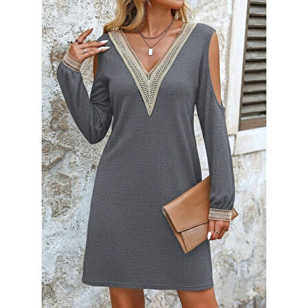 Lucky Life Kadın Uzun Kollu Omuzdan Açık V Dantel Yakalı Mini Waffle Elbise