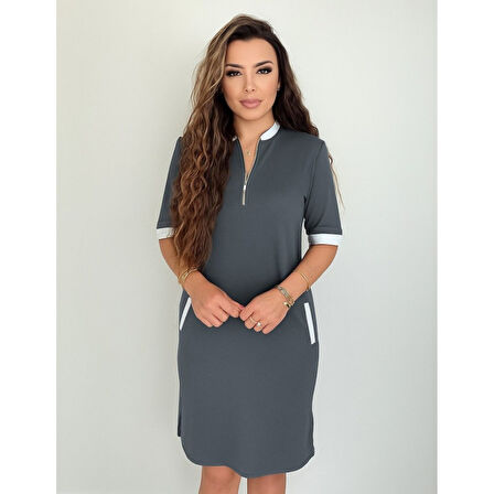 Lucky Life Kadın Kısa Kollu Yakadan Fermuarlı Cepli Yandan Yırtmaçlı Viskon Elbise