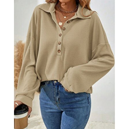 Lucky Life Kadın Uzun Kollu Yakalı Düğmeli Salaş Waffle Bluz