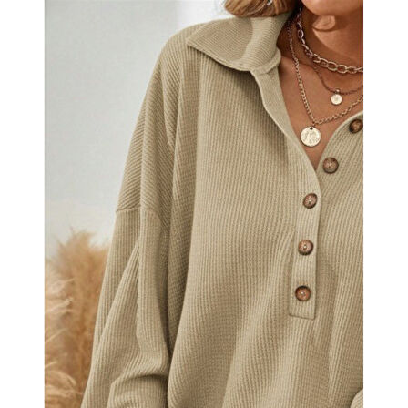 Lucky Life Kadın Uzun Kollu Yakalı Düğmeli Salaş Waffle Bluz