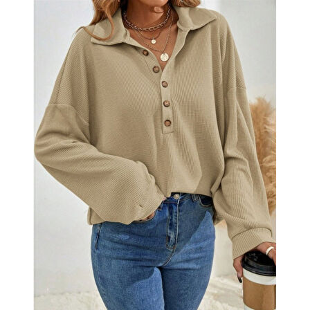 Lucky Life Kadın Uzun Kollu Yakalı Düğmeli Salaş Waffle Bluz