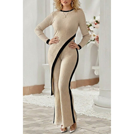 Lucky Life Lucky Life Kadın Uzun Kollu Bisiklet Yaka Asimetrik Kesim Bluz şardonlu Kaşkorse Bluz Ve Pantolon Ikili Takım