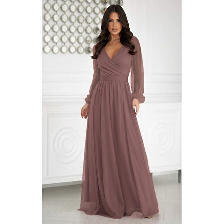 Lucky Life Kadın Uzun Kollu Kruvaze Yakalı Belden Kuşaklı Tüllü Uzun Ithal Krep Elbise