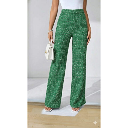 Lucky Life Kadın Yüksek Bel Paçaya Doğru Geniş Dokuma Pantolon