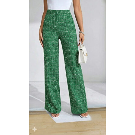 Lucky Life Kadın Yüksek Bel Paçaya Doğru Geniş Dokuma Pantolon