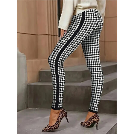 Lucky Life Kadın Yüksek Bel Kaz Ayağı Desenli Yanları şeritli Dalgıç Pantolon