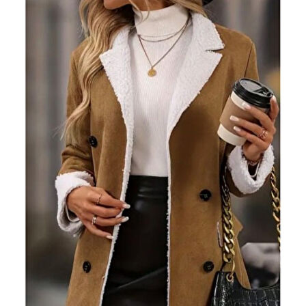 Lucky Life Kadın Uzun Kollu Yakalı Düğmeli Süet Mini Manto