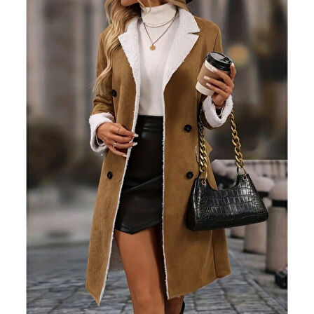 Lucky Life Kadın Uzun Kollu Yakalı Düğmeli Süet Mini Manto