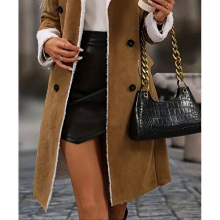 Lucky Life Kadın Uzun Kollu Yakalı Düğmeli Süet Mini Manto