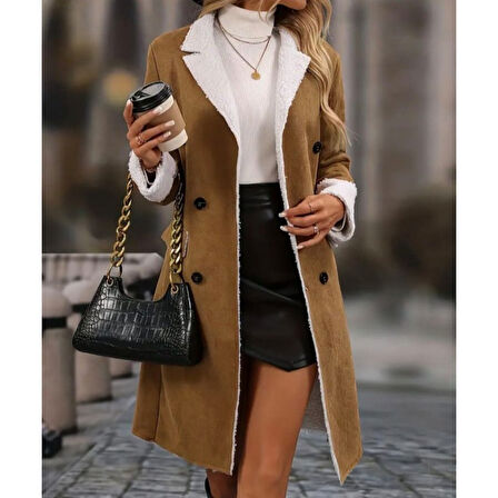 Lucky Life Kadın Uzun Kollu Yakalı Düğmeli Süet Mini Manto