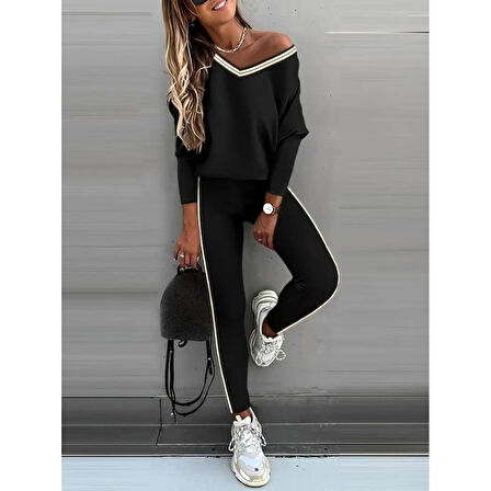 Lucky Life Kadın Uzun Kollu Tek Omuzu Açık Detaylı Viskon Iki Iplik Bluz Ve Pantolon Ikili Takım