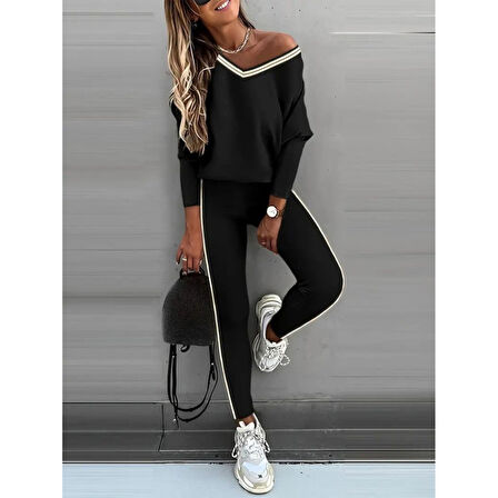 Lucky Life Kadın Uzun Kollu Tek Omuzu Açık Detaylı Viskon Iki Iplik Bluz Ve Pantolon Ikili Takım