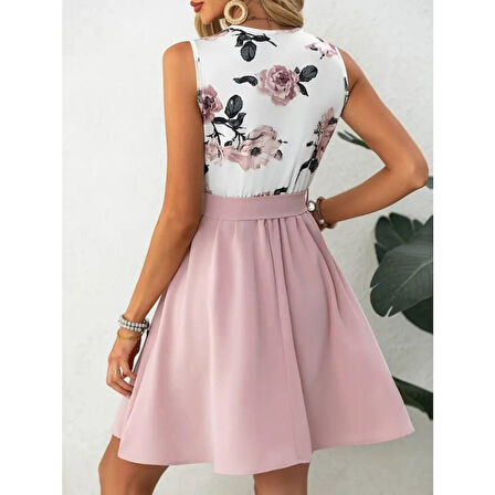 Lucky Life Kadın Sıfır Kollu V Yakalı çiçek Baskılı Beli Kuşaklı Dalgıç Elbise