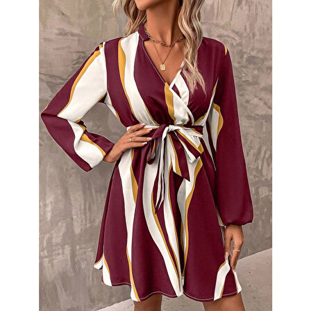 Lucky Life Kadın Uzun Kollu Kruvaze Yakalı Desenli Modal Mini Elbise