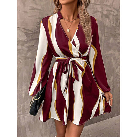 Lucky Life Kadın Uzun Kollu Kruvaze Yakalı Desenli Modal Mini Elbise