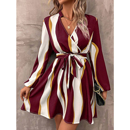 Lucky Life Kadın Uzun Kollu Kruvaze Yakalı Desenli Modal Mini Elbise