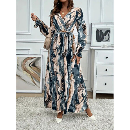 Lucky Life Kadın Uzun Kollu Kruvaze Yakalı Beli Kuşaklı Desenli Süprem Maxi Elbise