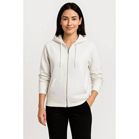 Lucky Life Üç İplik Kapüşonlu Tam Fermuarlı Kanguru Çepli SweatShirt Hoodie - Beyaz