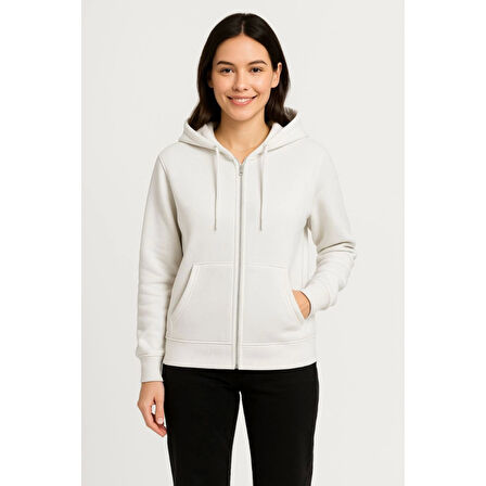 Lucky Life Üç İplik Kapüşonlu Tam Fermuarlı Kanguru Çepli SweatShirt Hoodie - Beyaz