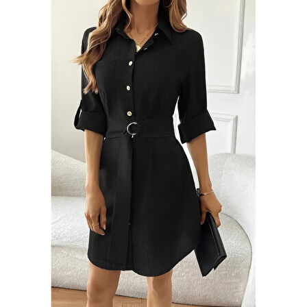 Lucky Life Kadın Uzun Kollu Yakalı önden Düğmeli Beli Kuşaklı Mini Ithal Keten Elbise