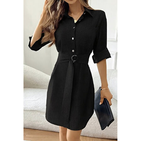 Lucky Life Kadın Uzun Kollu Yakalı önden Düğmeli Beli Kuşaklı Mini Ithal Keten Elbise