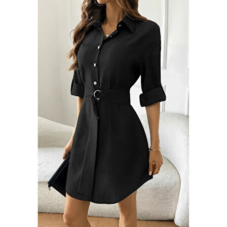 Lucky Life Kadın Uzun Kollu Yakalı önden Düğmeli Beli Kuşaklı Mini Ithal Keten Elbise