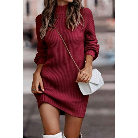 Lucky Life Lucky Life Kadın Uzun Kollu Balıkçı Yaka Mini Triko Elbise